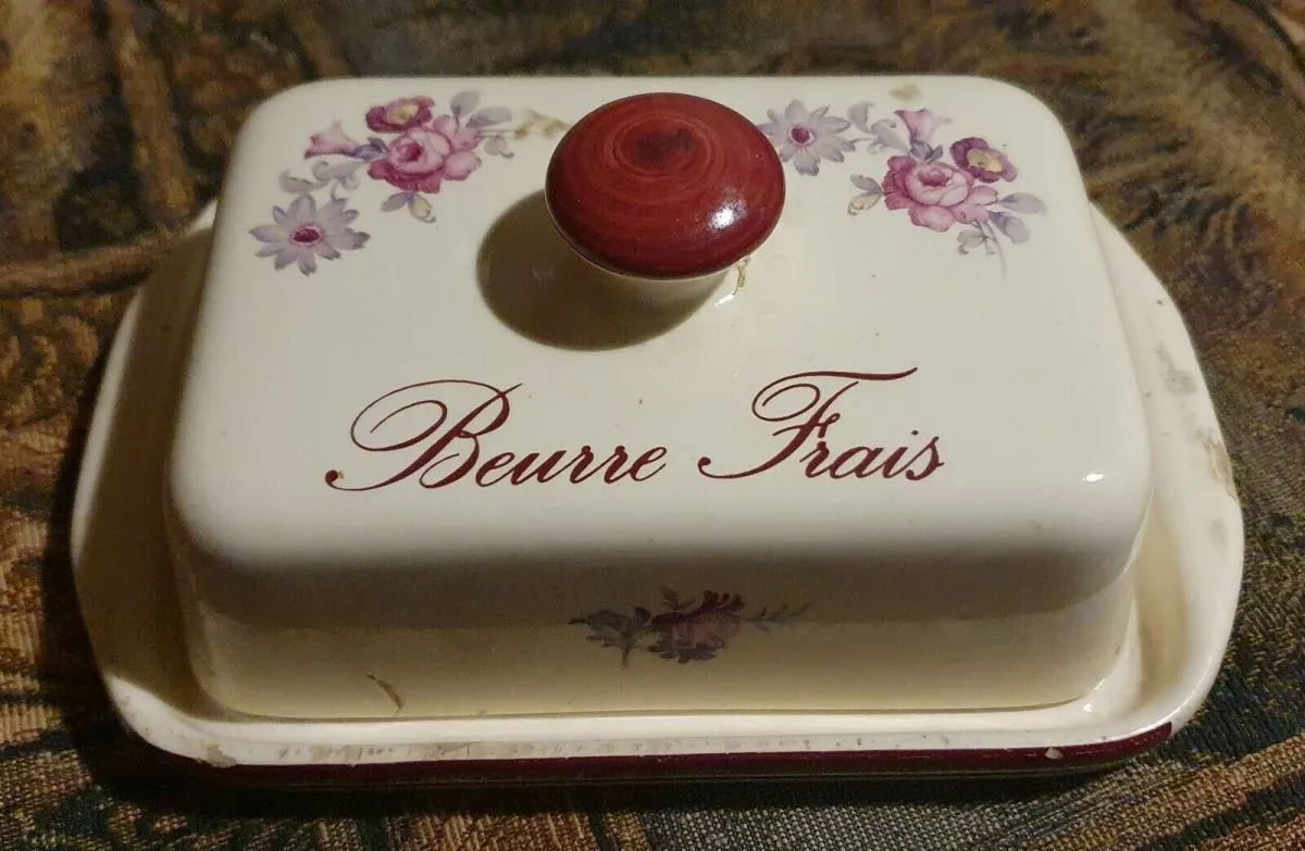 BEURRIER ANCIEN VINTAGE EN CÉRAMIQUE FLEURI