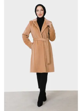 Camel - Fully Lined - Crew neck - Coat
