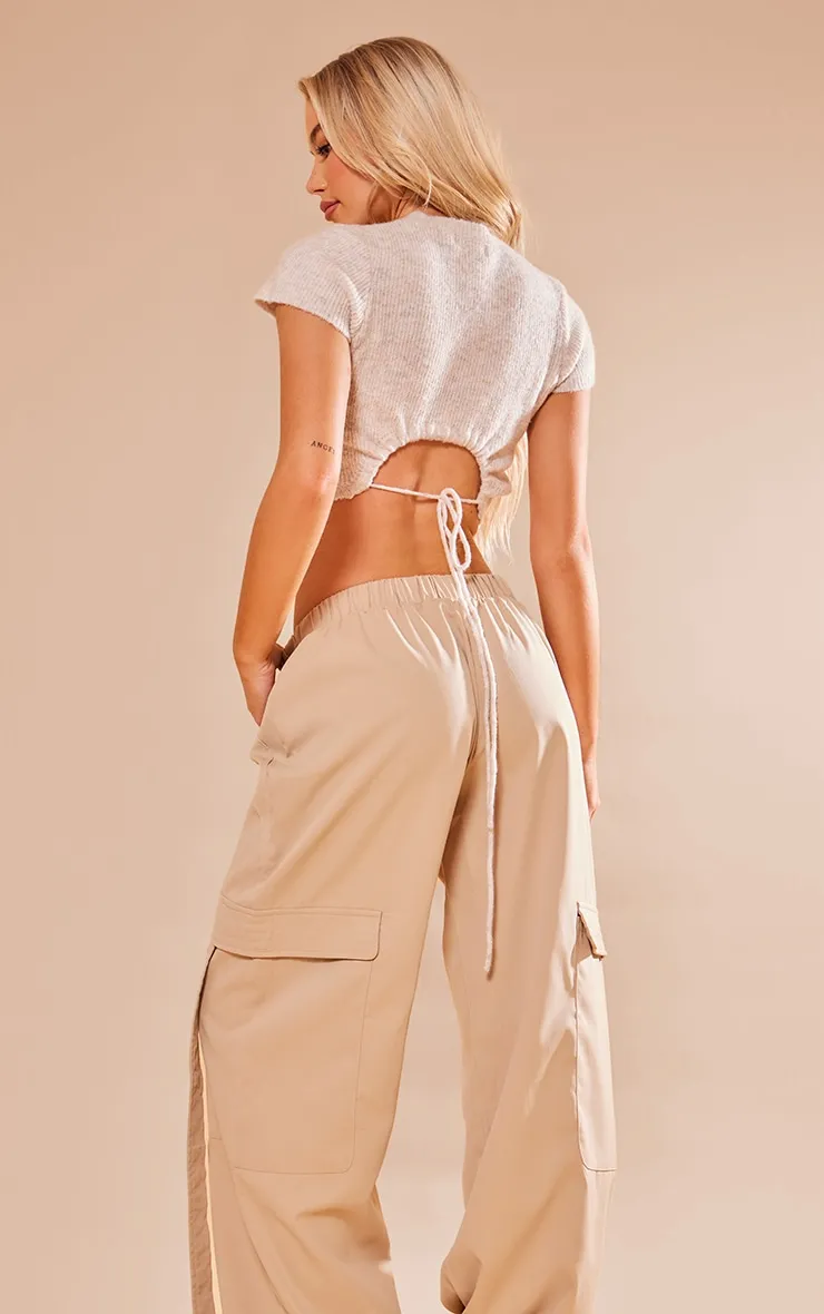 Crop top en maille tricot deluxe gris pierre à nouer dans le dos