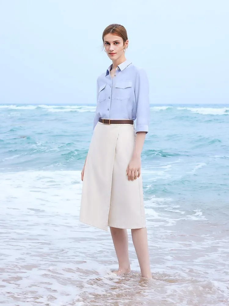 Ensemble deux pièces chemise en acétate et demi-jupe pour femme avec c