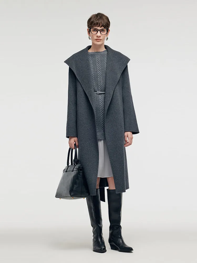 Manteau long en laine à revers large pour femmes