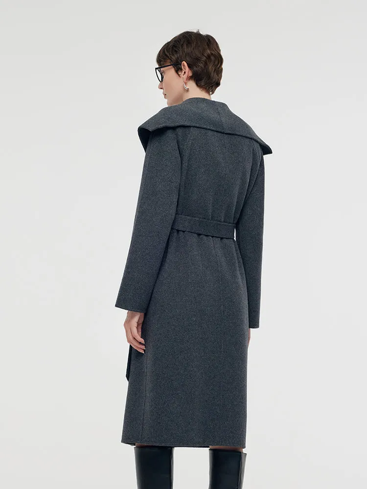 Manteau long en laine à revers large pour femmes