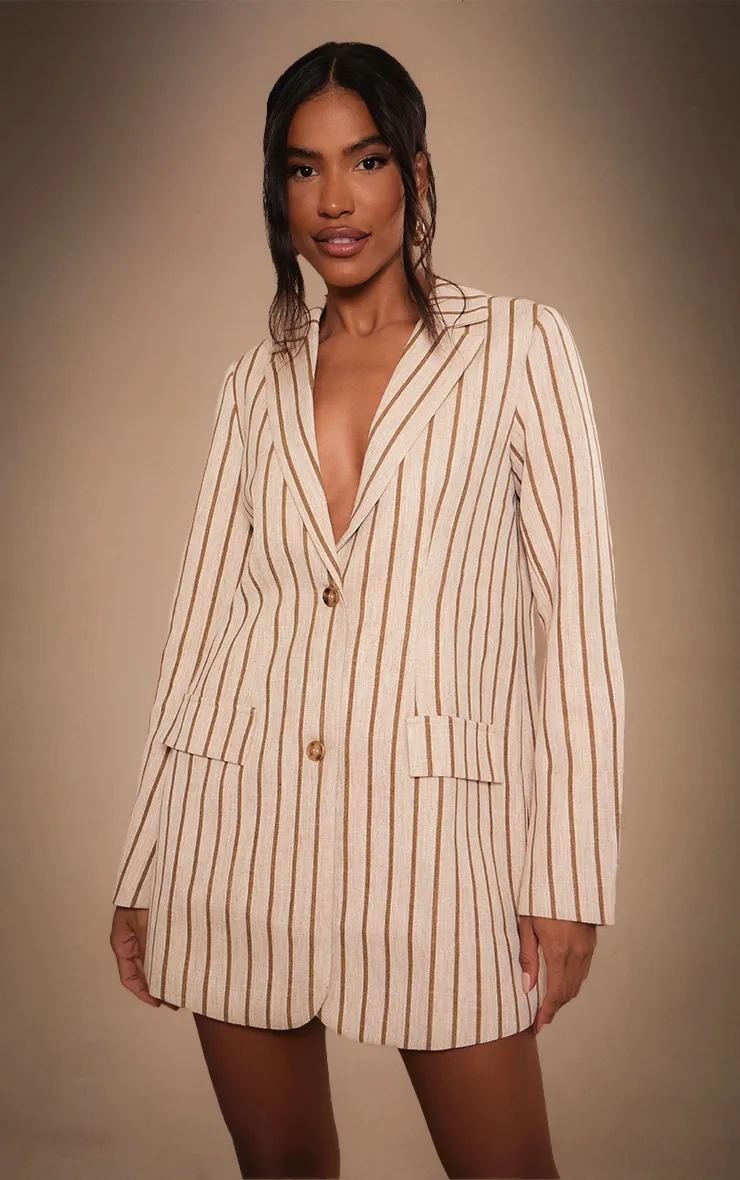 Robe blazer de tailleur effet lin deluxe gris pierre à fines rayures