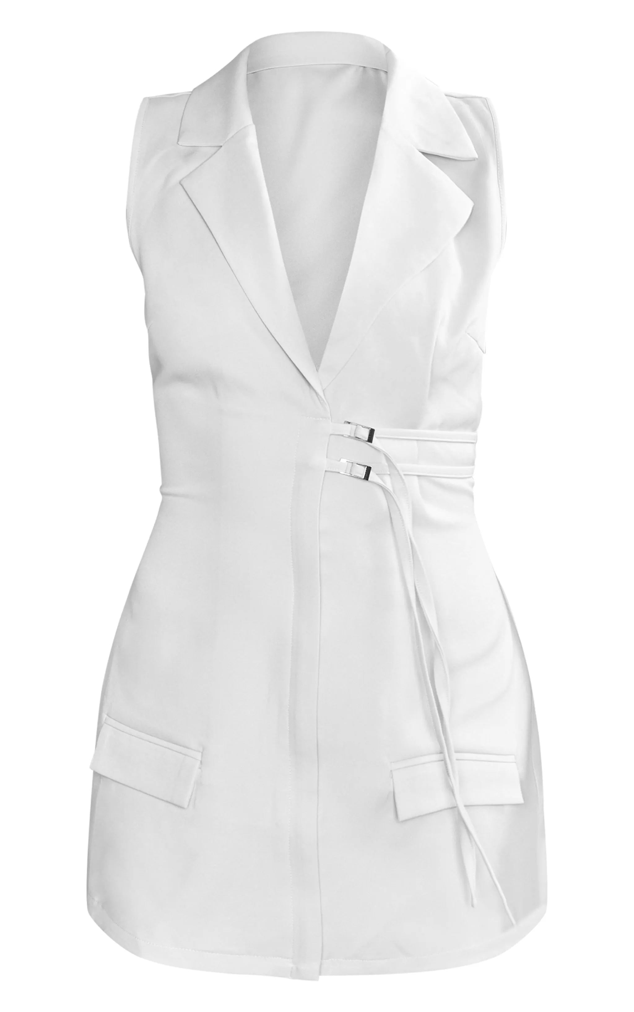 Robe blazer de tailleur sans manches en maille tissée gris pierre à détail boucles